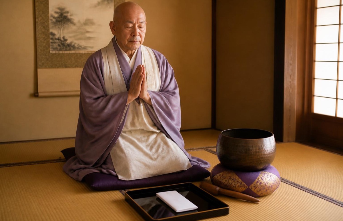 お布施を前に合掌する僧侶
