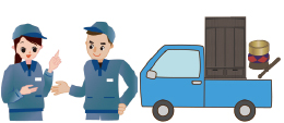 お仏壇の引取りに伺うスタッフとトラックのイラスト